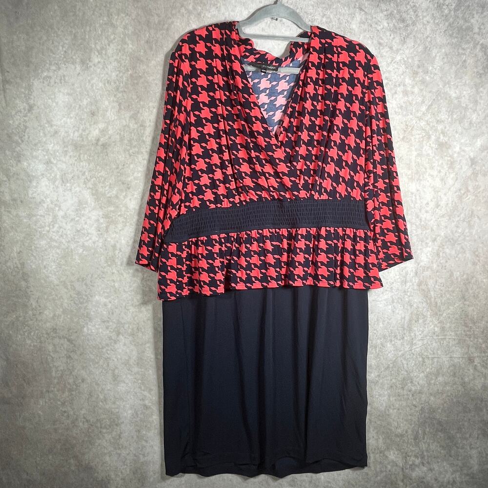 Chris McLaughlin Dress Womens Size 18W Blue Coral Houndstooth Peplum Knee Length